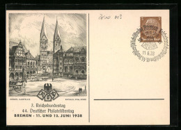 Künstler-AK Ganzsache: Bremen, 3. Reichsbundestag-44. Deutscher Philatelistentag 1938, Marktplatz, Börse, Dom & Rath  - Postzegels (afbeeldingen)