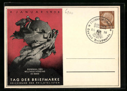 AK Ganzsache: Reichsbund Der Philatelisten, Tag Der Briefmarke 1938, Denkmal Des Weltpostvereins In Bern  - Sellos (representaciones)