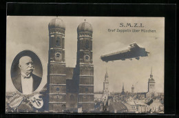 AK München, Teilansicht Mit Frauenkirche Und Zeppelin, Portrait Graf Zeppelin, Wappen  - Dirigibili