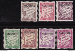 1931 ANDORRA FRANCESE,  Tasse N° 2/8  7 Valori  MNH/** - Otros & Sin Clasificación