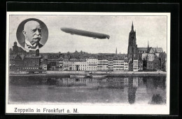 AK Frankfurt A. M., Panorama Mit Fliegendem Zeppelin, Portrait Graf Zeppelin  - Aeronaves