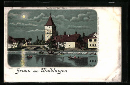Lithographie Waiblingen, Remspartie Bei Mondschein  - Waiblingen