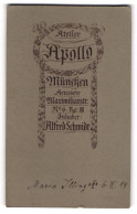 Fotografie Atelier Apollo, München, Aeussere Maximilianstrasse 6, Rückseitige Ansicht, Vorderseite: Maria Illing Im   - Anonymous Persons