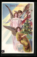 AK Weihnachtsengel Mit Tannenbaum, Fröhliche Weihnachten  - Angels