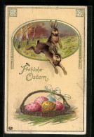 AK Osterhasen Am Waldesrand Mit Bemalten Eiern In Einem Korb  - Easter