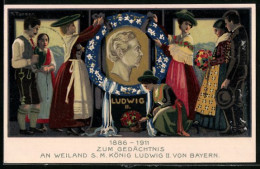 AK Gedächstnisfeier Für S.M. König Ludwig II. Von Bayern, Mit Kranz Geschmücktes Portrait  - Familias Reales