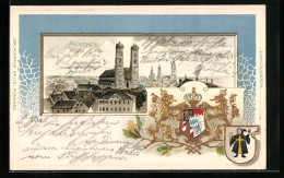 Passepartout-Lithographie München, Blick Auf Die Frauenkirche, Wappen  - Other & Unclassified