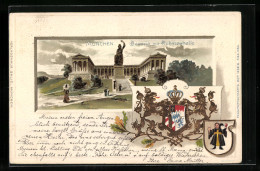 Passepartout-Lithographie München, Bavaria Mit Ruhmeshalle, Wappen, Müchner Kindl  - Andere & Zonder Classificatie