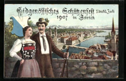 AK Zürich, Eidg. Schützenfest 1907, Dame In Tracht Und Schütze Mit Gewehr, Wappen  - Caza