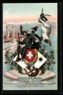 Künstler-AK Zürich, Schweizer Schützenfest Juli 1907, Stadtansicht, Schützen In Trachten Mit Wappen  - Caccia