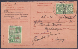 Carte-récépissé Affr. 2x Découpe D'entier EP 35c Vert (type N°425) Càd ROESELAERE /5-6-1938 Pour DEYNZE - Tp Fiscal 0,30 - 1935-1949 Kleines Staatssiegel
