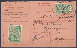 Carte-récépissé Affr. 2x Découpe D'entier EP 35c Vert (type N°425) Càd ROESELAERE /5-6-1938 Pour DEYNZE - Tp Fiscal 0,30 - 1935-1949 Piccolo Sigillo Dello Stato