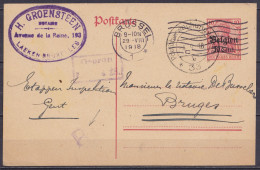 EP CP 10c Rouge (type OC14) Flam. BRÜSSEL /29.VIII 1918 Pour BRUGES - Marque "B" & Cachets Censure "Postüberwachungsstel - Ocupación Alemana