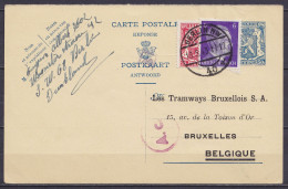 EP CP Réponse 50c (type N°426) Répiqué "Tramways Bruxellois" (confirmation Réception De Colis Pour Prisonnier Belge) + N - Guerra 40 – 45 (Cartas & Documentos)