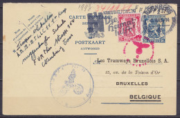 EP CP Réponse 50c (type N°426) Répiqué "Tramways Bruxellois" (confirmation Réception De Colis Pour Prisonnier Belge) + N - Cartes Postales 1934-1951