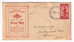 WW1 FDC New Zeland Auckland 1936 Anzar Day Returned Soldiers World War I - FDC