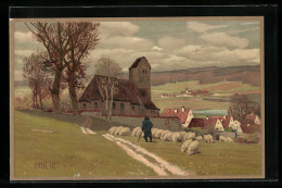 Künstler-Lithographie P. Hey: Hirte Mit Schafherde Auf Wiese Vor Dorf  - Hey, Paul