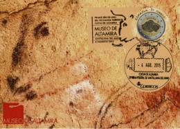 2015 Card (Large) With Rock Art Cancellations, Prehistoric Bison Of Altamita And Special Stamp Of Altamira - Arqueología