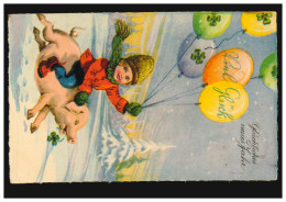 Neujahrs-AK Mädchen Mit Ballons Und Glücksklee Reitet Auf Schwein, 2.1.1929 - Sonstige & Ohne Zuordnung