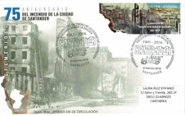 2016 FDC Fire Of The City Of Santander And Fire Truck. Burning Effect On Stamp - Feuerwehr
