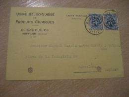 AUVELAIS 1932 To Barcelona Spain Cancel Switzerland Chemical Chemistry Products Card BELGIUM - Andere & Zonder Classificatie