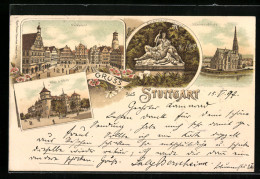 Lithographie Stuttgart, Marktplat, Altes Schloss, Johanneskirche  - Stuttgart