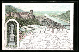 Lithographie Heidelberg, Panorama Mit Scheffel-Denkmal  - Heidelberg