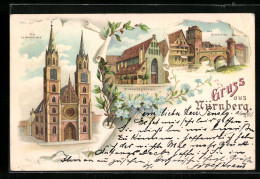 Lithographie Nürnberg, Bratwurstglöcklein, Henkersteg, Lorenzkirche  - Nürnberg