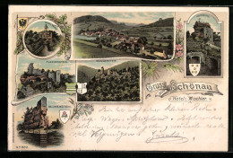 Lithographie Schönau, Teilansicht Mit Hotel Mischler, Fleckenstein, Blumenstein, Hohenburg  - Autres & Non Classés