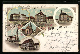 Lithographie Eppingen, Spital, Baumannsches Haus, Rathaus  - Eppingen