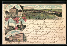Lithographie Eppingen, Hotel Zur Krone Post, Ottilienberg, Totalansicht  - Eppingen
