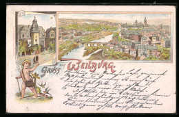 Lithographie Weilburg, Ortsansicht Mit Brücke Aus Der Vogelschau, Kirche, Amor Als Postbote  - Weilburg
