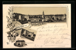 Lithographie Idstein, Ortspartie, Schloss, Baugewerkschule  - Idstein