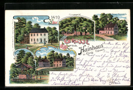 Lithographie Hainhaus B. König /Odenwald, Gasthaus Von J. Eckert, Neues Försterhaus, Kapelle  - Odenwald