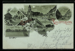 Mondschein-Lithographie Philippsburg I. Baden, Kirche Und Pfarrhaus, Rheinschanzinsel B. Hochwasser  - Baden-Baden