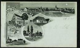 Mondschein-Lithographie Ubstadt I. Baden, Gasthaus Z. Bahnhof Von Ant. Wippel, Geschäftshaus Von Franz Keim Und Kirche  - Baden-Baden