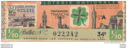 BILLET DE LOTERIE NATIONALE 1952  34E TRANCHE - Billets De Loterie