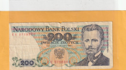 NARODOWY BANK POLSKI . 200 ZLOTYCH .  J. DABROWSKI  . 1-12-1988 .  N° EE 5758859 . 2 SCANNES  .  BILLET USITE - Pologne