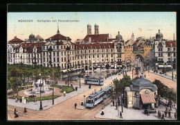 AK München, Strassenbahn Auf Dem Karlsplatz, Nornenbrunnen Aus Der Vogelschau  - Tranvía