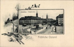 Passepartout CPA Dresden Neustadt, Hauptstraße, Denkmal, Frohe Ostern, Osterhase - Ostern