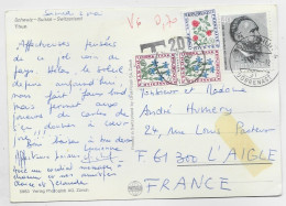 FRANCE TAXE FLEURS 10CX2+50C L'AIGLE 1975 SUR CARTE SUISSE 40C HELVETIA THUN TRACE DE SCOCHT - 1960-.... Storia Postale