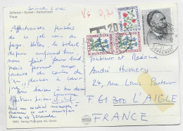 FRANCE TAXE FLEURS 10CX2+50C L'AIGLE 1975 SUR CARTE SUISSE 40C HELVETIA THUN TRACE DE SCOCHT - 1960-.... Brieven & Documenten
