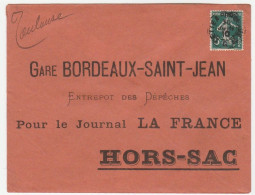 Lettre Hors Sac Avec Oblitération Ambulant Cette à Bordeaux Sur Semeuse, Journal La France, Gare Bordeaux St Jean, 1910 - Cartas & Documentos