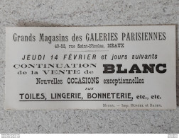 MEAUX  CARTON PUBLICITAIRE GRANDS MAGASINS DES GALERIES PARISIENNES  RUE SAINT NICOLAS  FORMAT 13X6.50 CM - Meaux