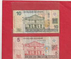 CENTRALE BANK VAN SURINAME  . 2 BANK NOTES . 5 & 10 DOLLAR . . BILLETS USITES - Surinam