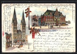 Lithographie Bremen, Dom Mit Pferdebahn, Rathaus Mit Roland  - Bremen