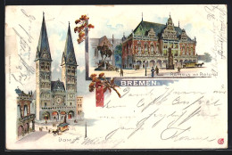 Lithographie Bremen, Dom Mit Pferdebahn, Rathaus Mit Roland  - Bremen