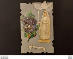 IMAGE PIEUSE CANIVET RELIGIEUSE CELLULOID COMMUNIANTE EN COLLAGE FLEUR ET TULLE  Ref38 - Devotion Images