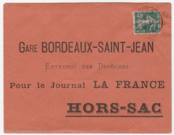 Lettre Hors Sac Avec Type Semeuse, Oblitération Fleurance/Gers, Journal La France, Gare Bordeaux St Jean, 1910 - Brieven En Documenten