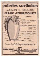 1932 - Publicité - Poteries Sarthoises Maison Drouard à Cérans-Foulletourte (Sarthe) - Werbung